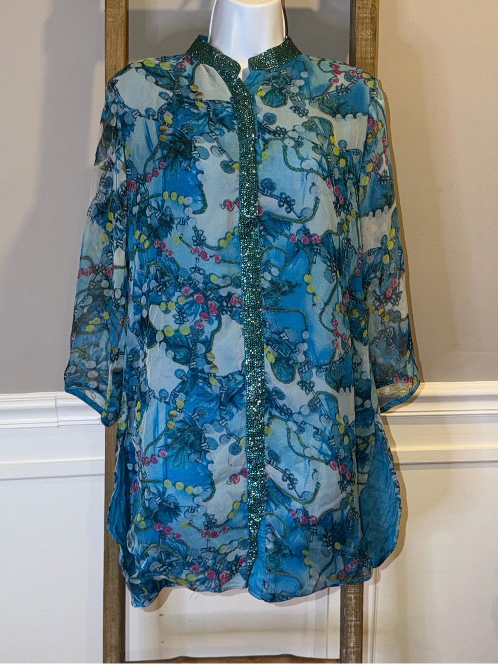 Beaded Trim Sheer Blue Printed Tunic